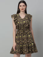 Jainish Women's WoPrinted Tiered Dress with frills - Coffee | Grocsy