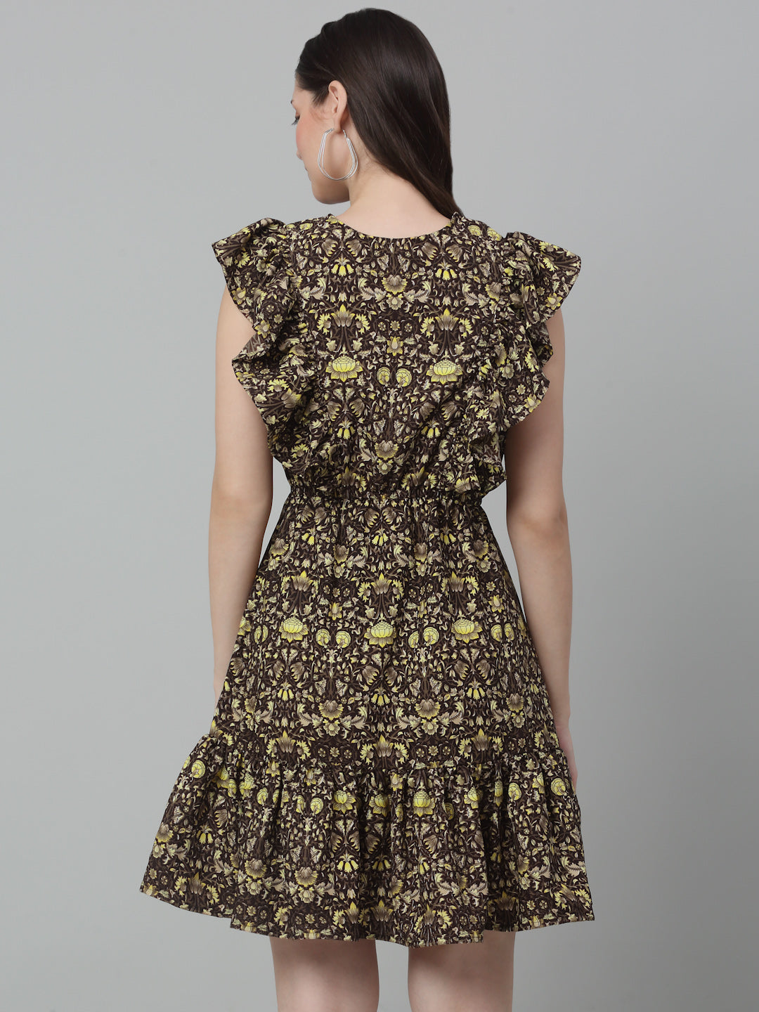 Jainish Women's WoPrinted Tiered Dress with frills - Coffee | Grocsy