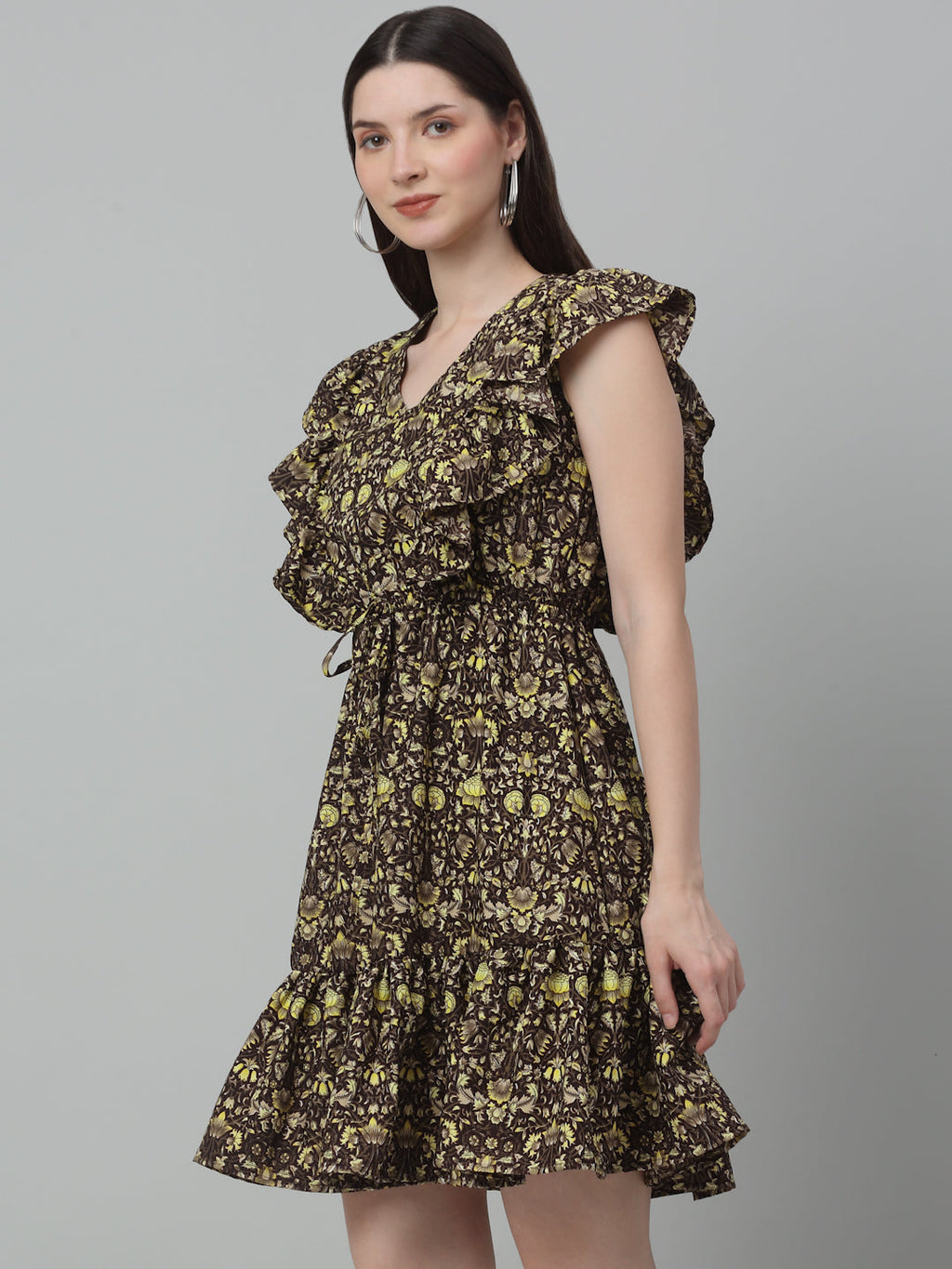 Jainish Women's WoPrinted Tiered Dress with frills - Coffee | Grocsy