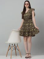 Jainish Women's WoPrinted Tiered Dress with frills - Coffee | Grocsy