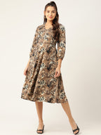 Jainish Women's Animal Print Puff Sleeves Crepe Midi Dress | Grocsy