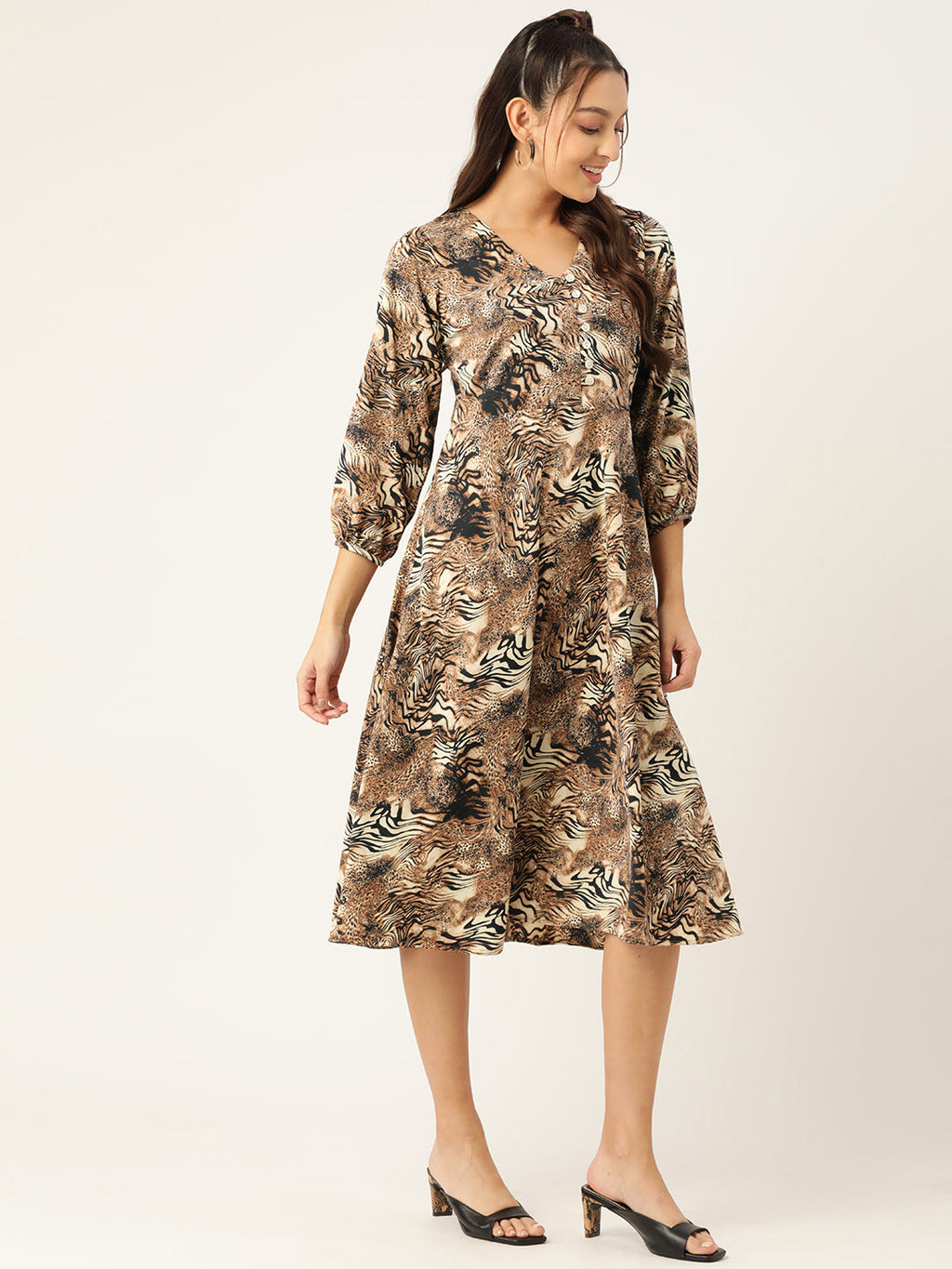 Jainish Women's Animal Print Puff Sleeves Crepe Midi Dress | Grocsy