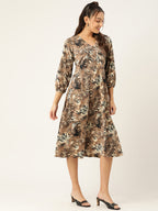 Jainish Women's Animal Print Puff Sleeves Crepe Midi Dress | Grocsy