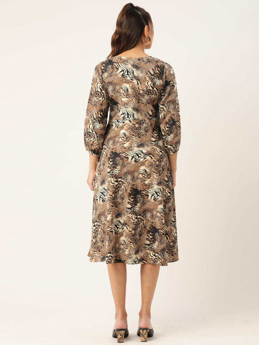 Jainish Women's Animal Print Puff Sleeves Crepe Midi Dress | Grocsy