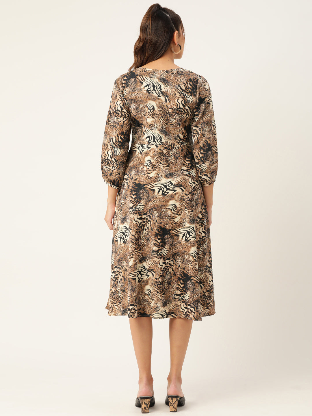 Jainish Women's Animal Print Puff Sleeves Crepe Midi Dress | Grocsy
