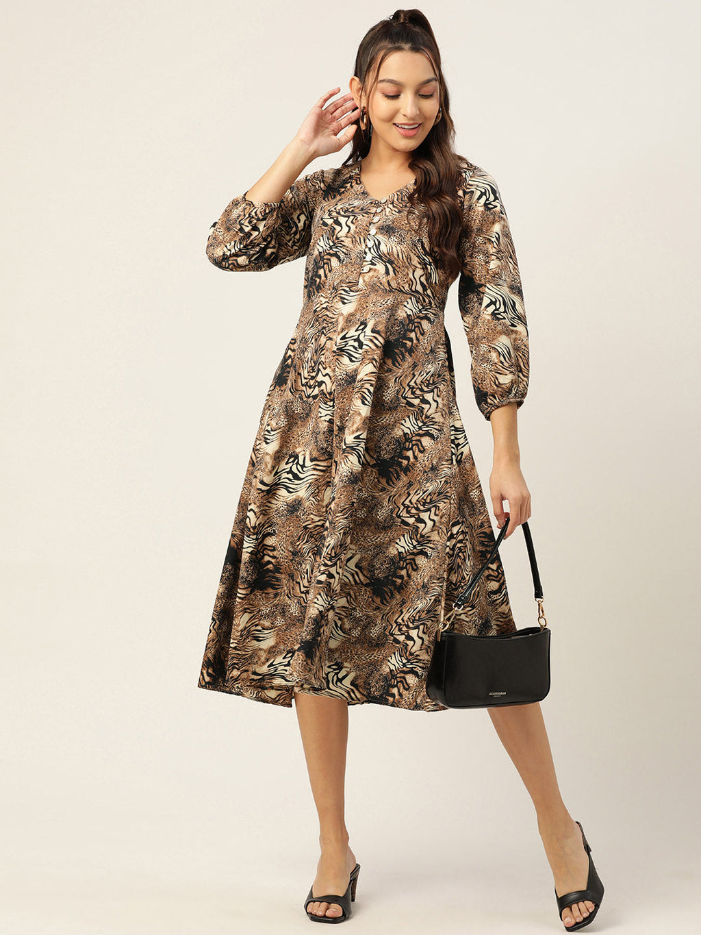 Jainish Women's Animal Print Puff Sleeves Crepe Midi Dress | Grocsy