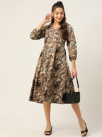 Jainish Women's Animal Print Puff Sleeves Crepe Midi Dress | Grocsy