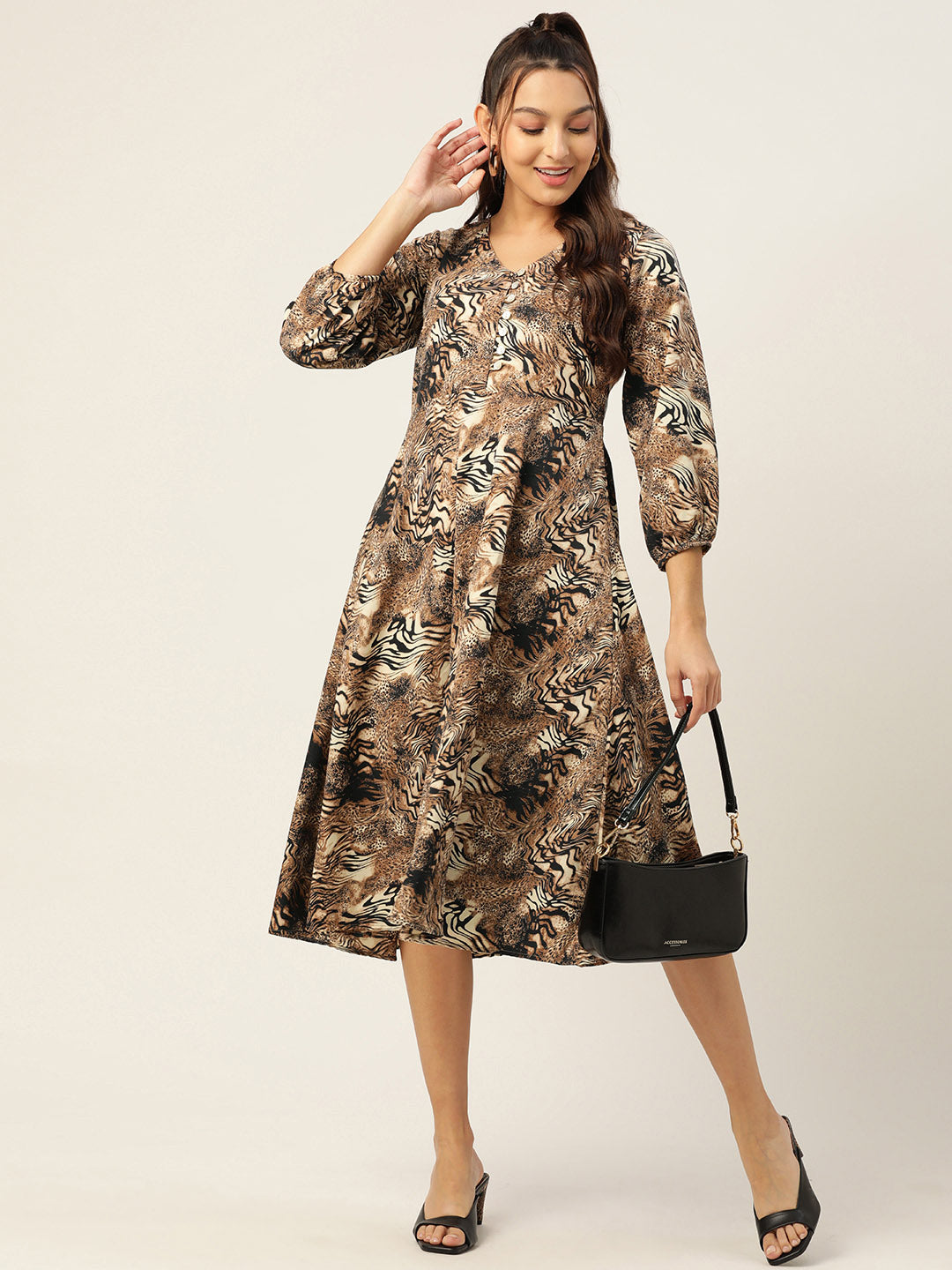 Jainish Women's Animal Print Puff Sleeves Crepe Midi Dress | Grocsy