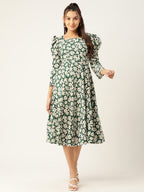 Jainish Women's Floral Print Puff Sleeves Crepe Midi Dress | Grocsy
