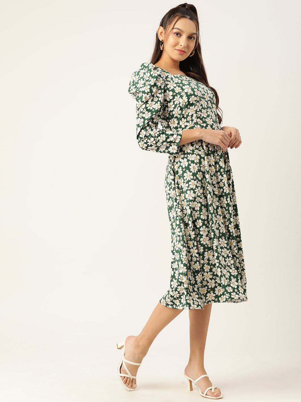 Jainish Women's Floral Print Puff Sleeves Crepe Midi Dress | Grocsy