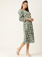 Jainish Women's Floral Print Puff Sleeves Crepe Midi Dress | Grocsy