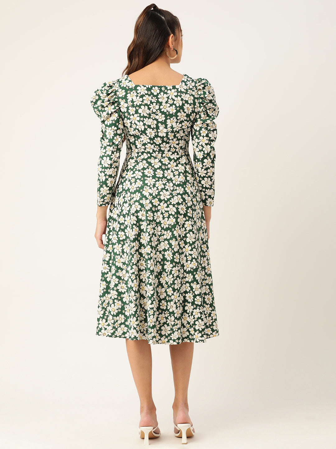 Jainish Women's Floral Print Puff Sleeves Crepe Midi Dress | Grocsy