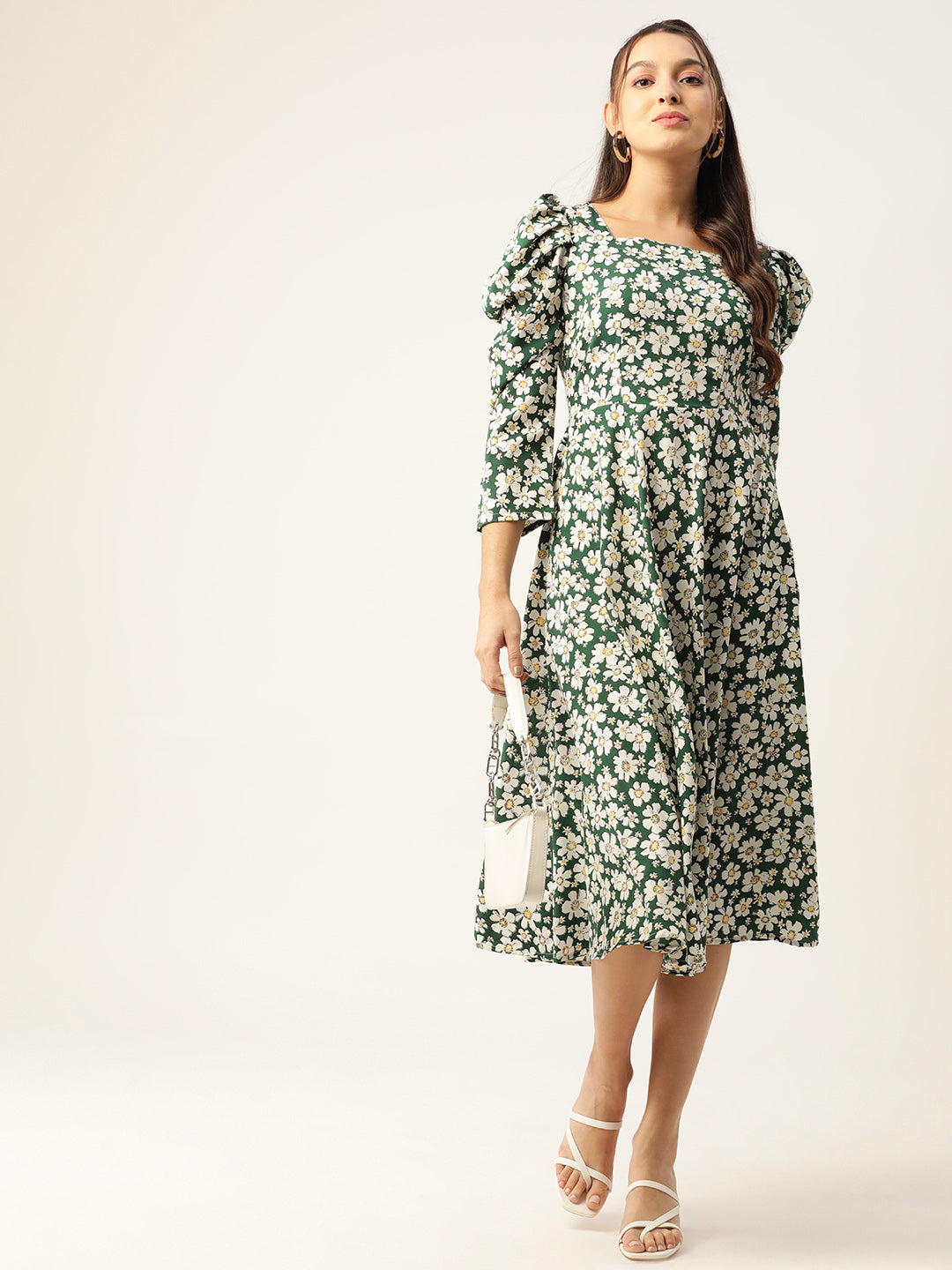 Jainish Women's Floral Print Puff Sleeves Crepe Midi Dress | Grocsy