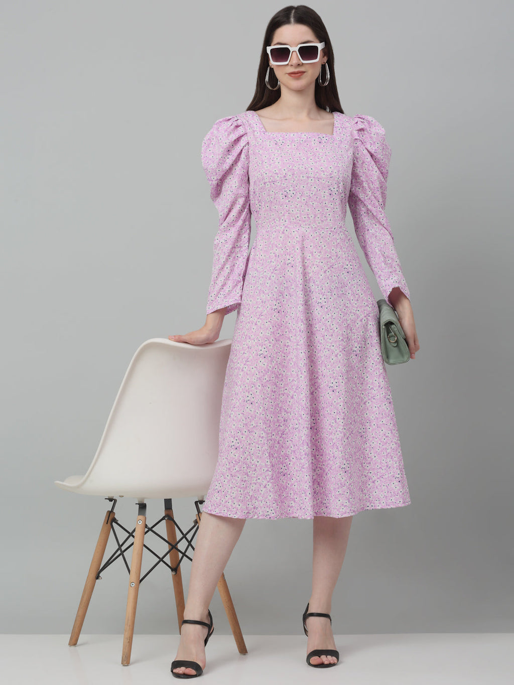 Jainish Women's WoFloral Print Square Neck Puff Sleeved flared Dress - Light-Purple | Grocsy
