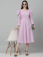 Jainish Women's WoFloral Print Square Neck Puff Sleeved flared Dress - Light-Purple | Grocsy