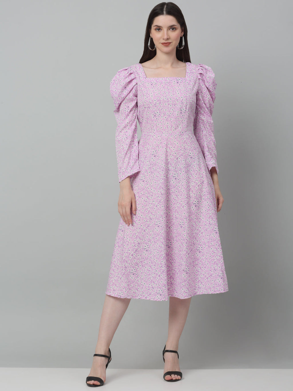 Jainish Women's WoFloral Print Square Neck Puff Sleeved flared Dress - Light-Purple | Grocsy