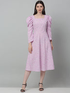 Jainish Women's WoFloral Print Square Neck Puff Sleeved flared Dress - Light-Purple | Grocsy