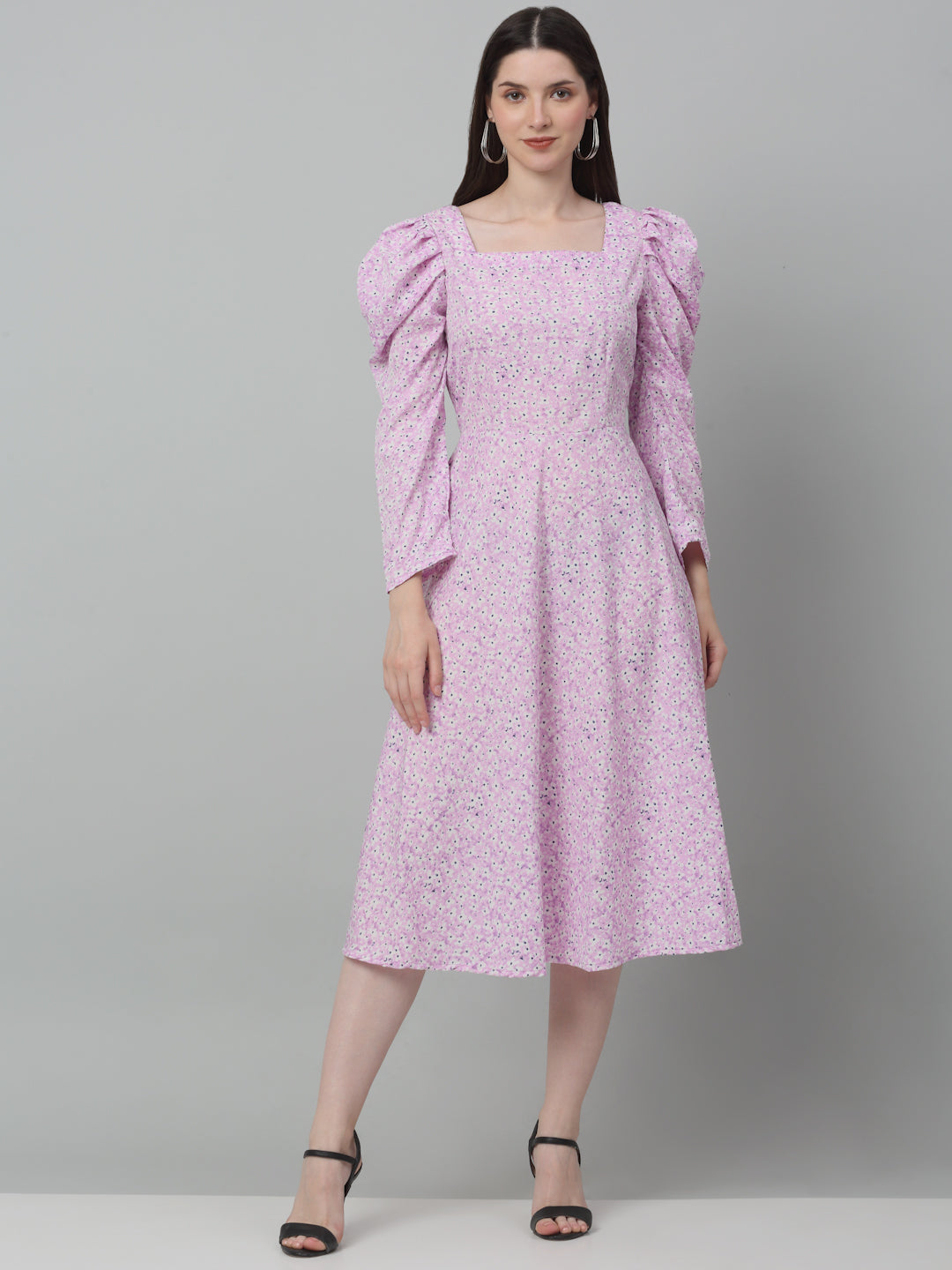 Jainish Women's WoFloral Print Square Neck Puff Sleeved flared Dress - Light-Purple | Grocsy