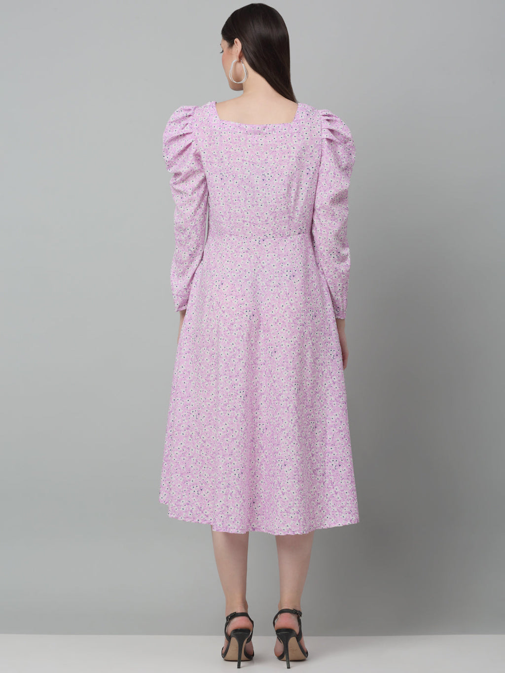 Jainish Women's WoFloral Print Square Neck Puff Sleeved flared Dress - Light-Purple | Grocsy