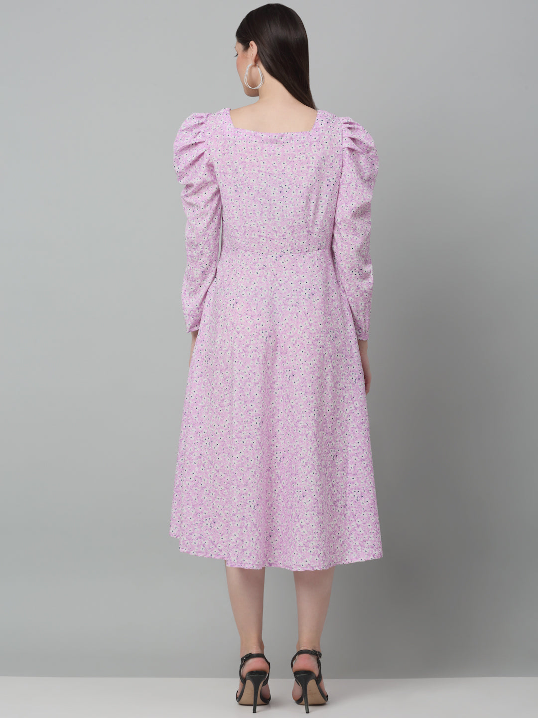 Jainish Women's WoFloral Print Square Neck Puff Sleeved flared Dress - Light-Purple | Grocsy