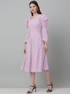 Jainish Women's WoFloral Print Square Neck Puff Sleeved flared Dress - Light-Purple | Grocsy