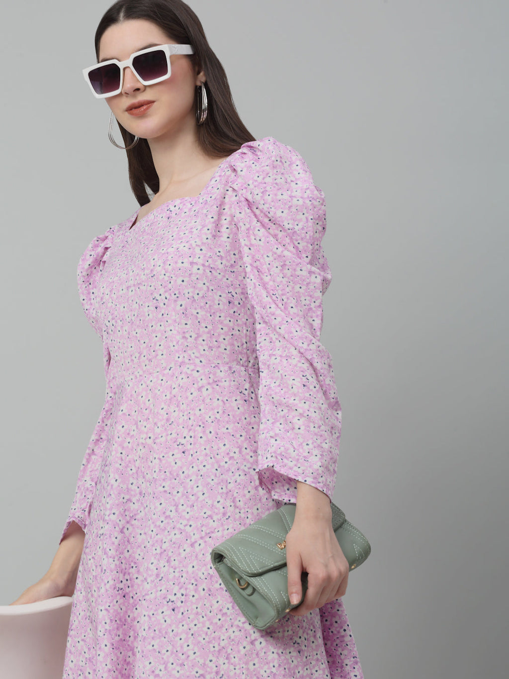 Jainish Women's WoFloral Print Square Neck Puff Sleeved flared Dress - Light-Purple | Grocsy