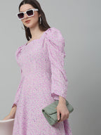 Jainish Women's WoFloral Print Square Neck Puff Sleeved flared Dress - Light-Purple | Grocsy