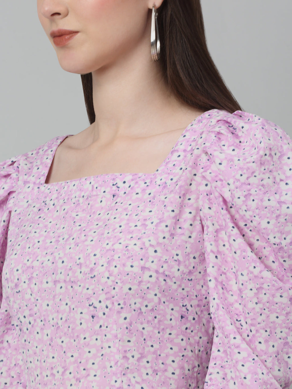 Jainish Women's WoFloral Print Square Neck Puff Sleeved flared Dress - Light-Purple | Grocsy