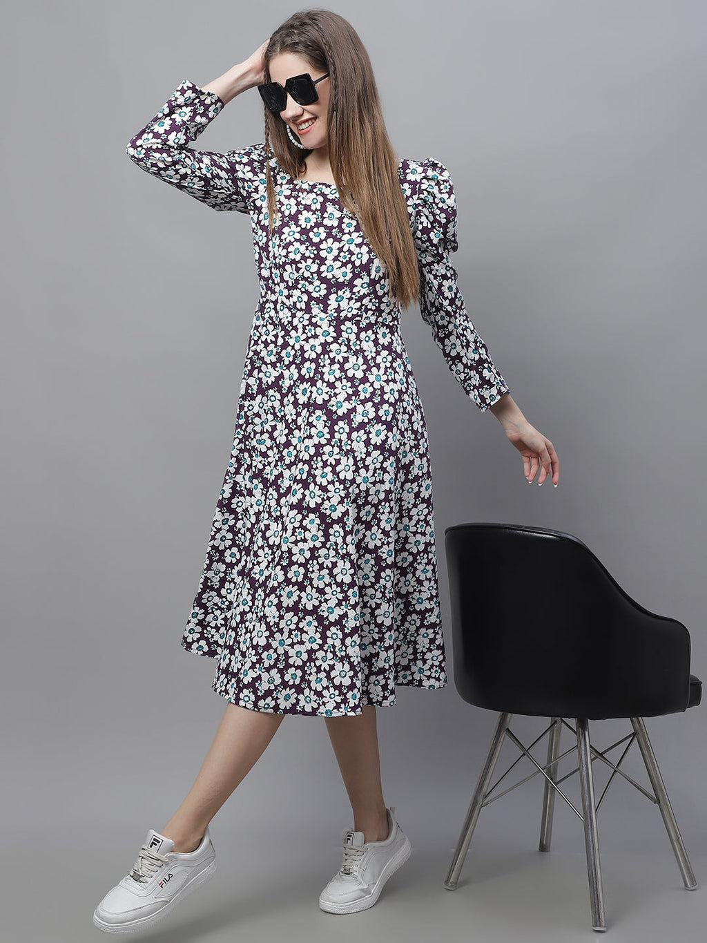 Jainish Women's WoFloral Print Square Neck Puff Sleeved flared Dress - Purple | Grocsy