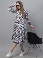 Jainish Women's WoFloral Print Square Neck Puff Sleeved flared Dress - Purple | Grocsy