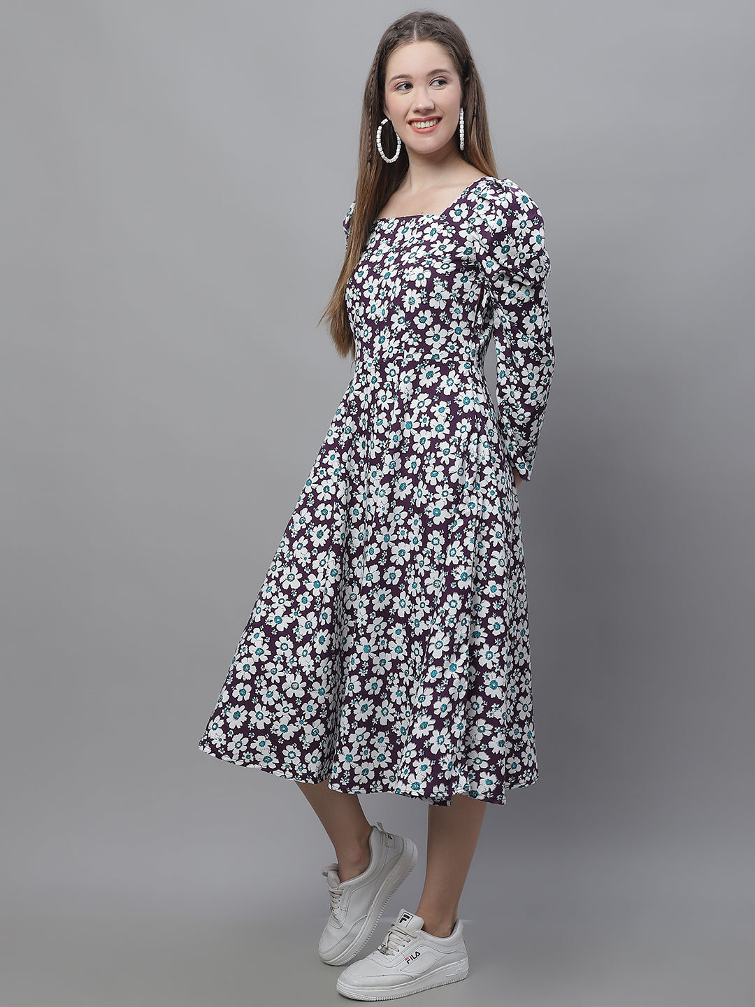 Jainish Women's WoFloral Print Square Neck Puff Sleeved flared Dress - Purple | Grocsy