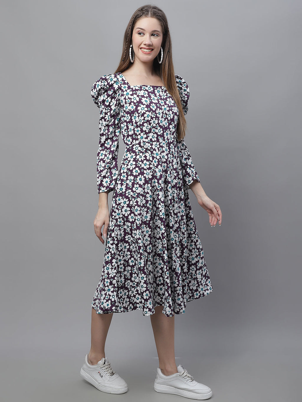 Jainish Women's WoFloral Print Square Neck Puff Sleeved flared Dress - Purple | Grocsy