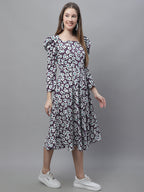 Jainish Women's WoFloral Print Square Neck Puff Sleeved flared Dress - Purple | Grocsy