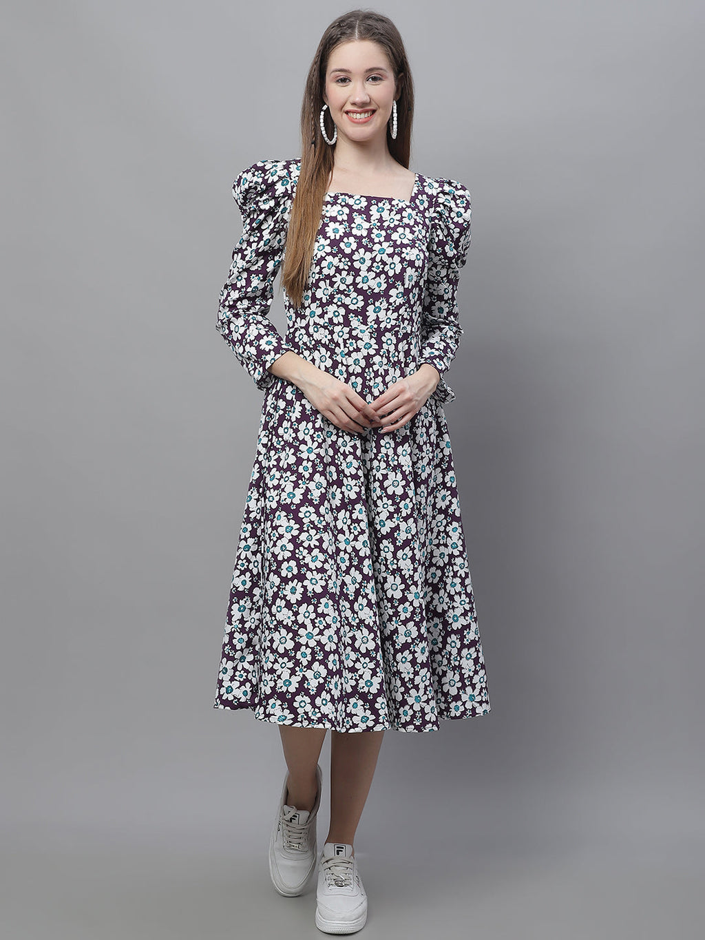 Jainish Women's WoFloral Print Square Neck Puff Sleeved flared Dress - Purple | Grocsy