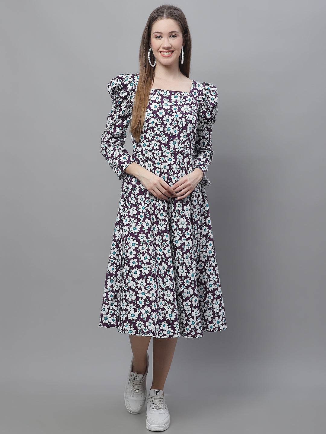Jainish Women's WoFloral Print Square Neck Puff Sleeved flared Dress - Purple | Grocsy