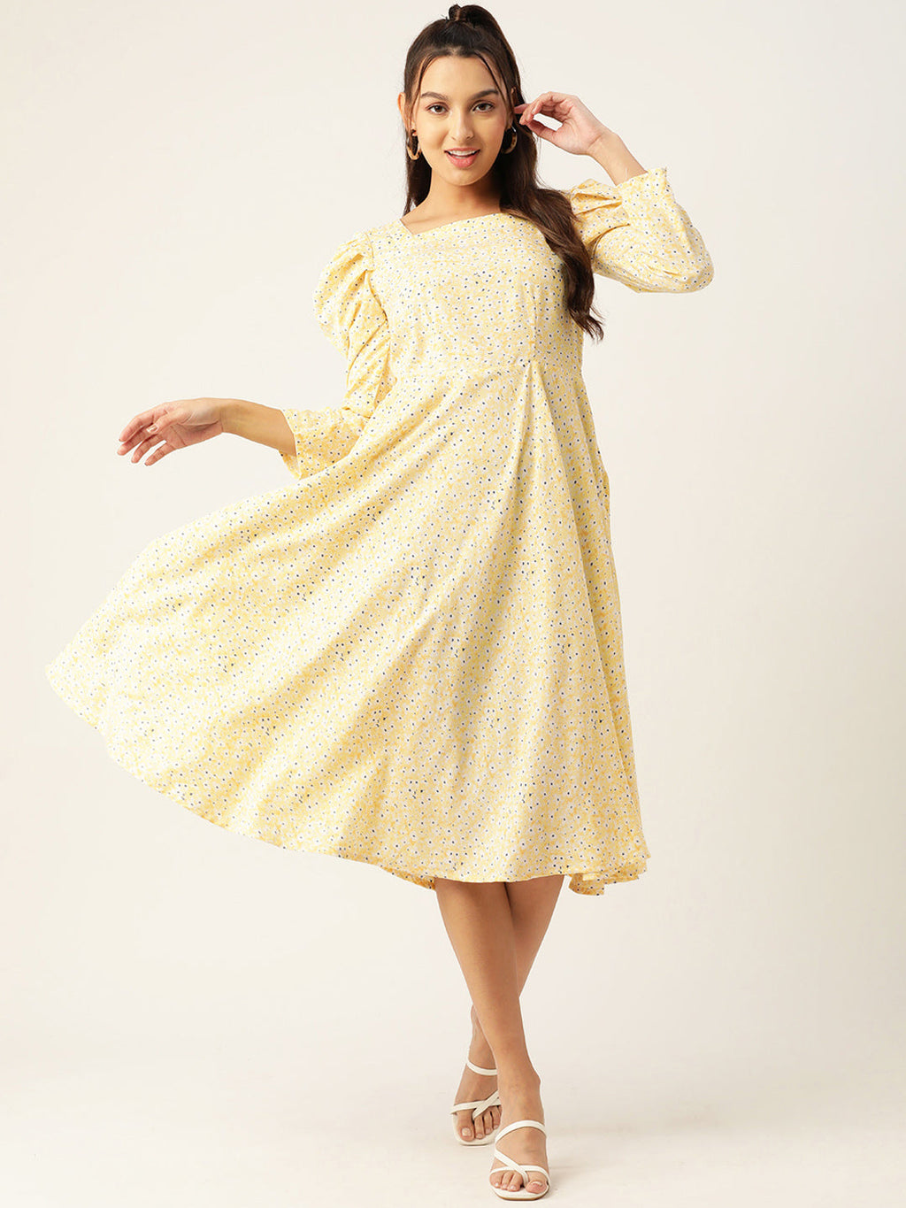Jainish Women's Floral Print Puff Sleeves Crepe Midi Dress | Grocsy