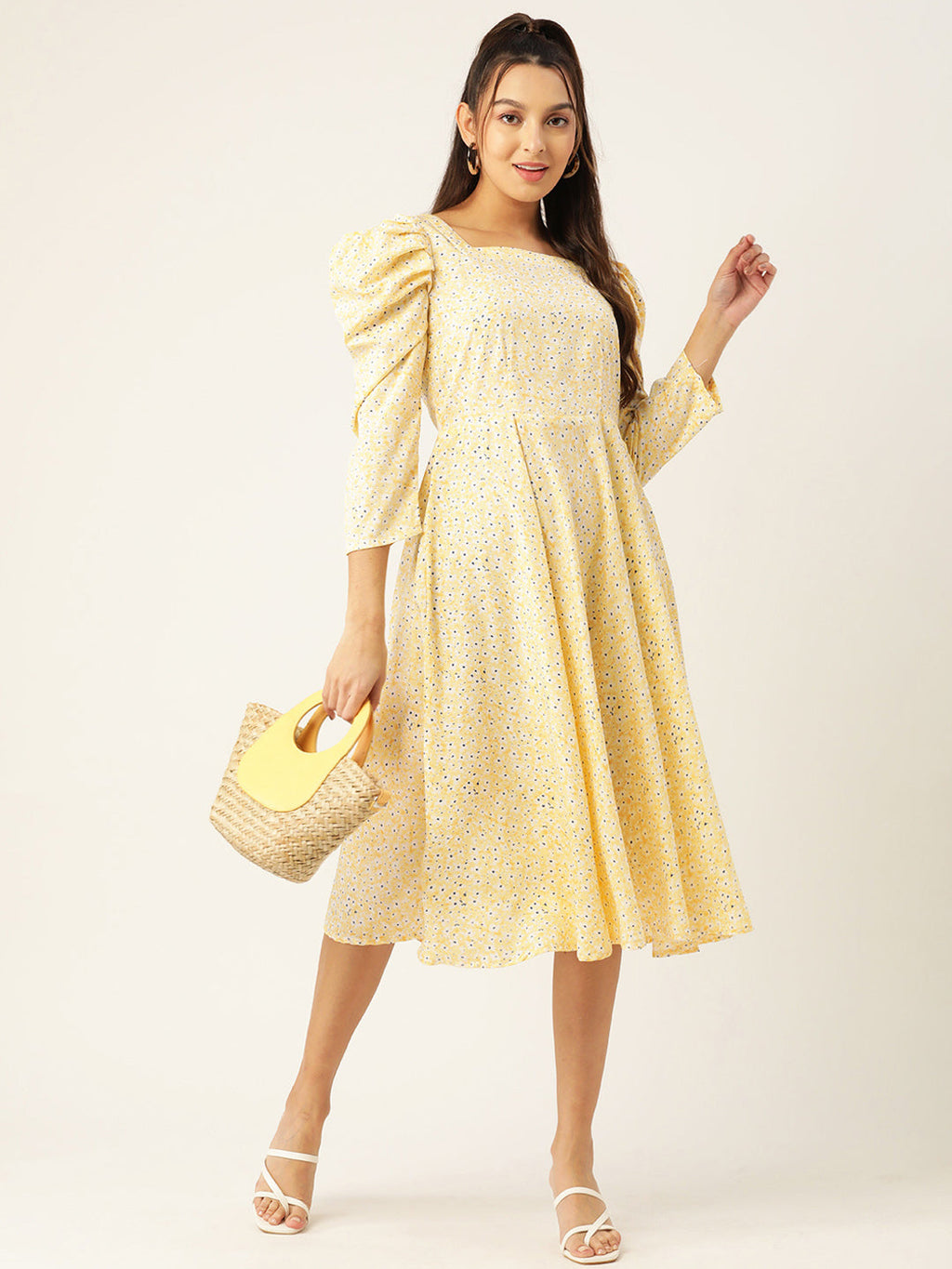 Jainish Women's Floral Print Puff Sleeves Crepe Midi Dress | Grocsy
