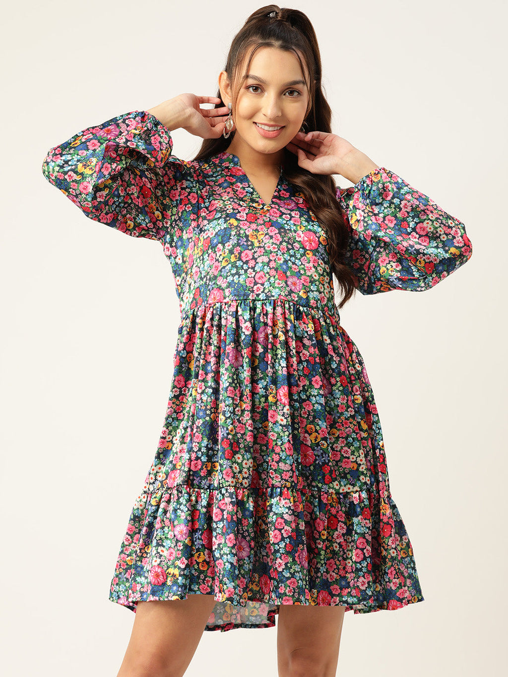 Jainish Women's Blue & Pink Floral Printed Puff Sleeves Tiered Satin Dress | Grocsy