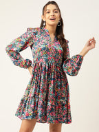 Jainish Women's Blue & Pink Floral Printed Puff Sleeves Tiered Satin Dress | Grocsy