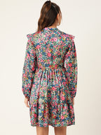 Jainish Women's Blue & Pink Floral Printed Puff Sleeves Tiered Satin Dress | Grocsy