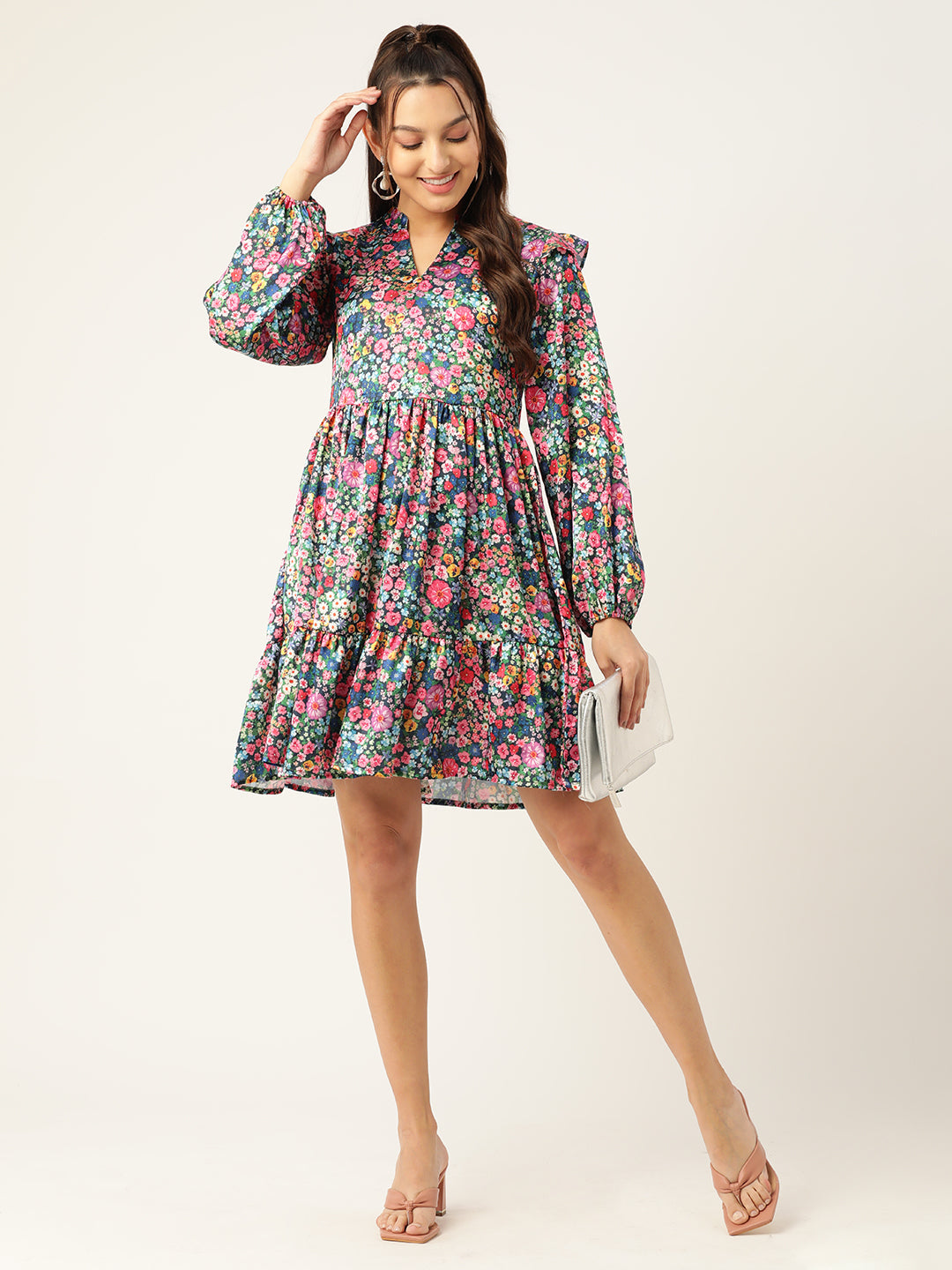 Jainish Women's Blue & Pink Floral Printed Puff Sleeves Tiered Satin Dress | Grocsy