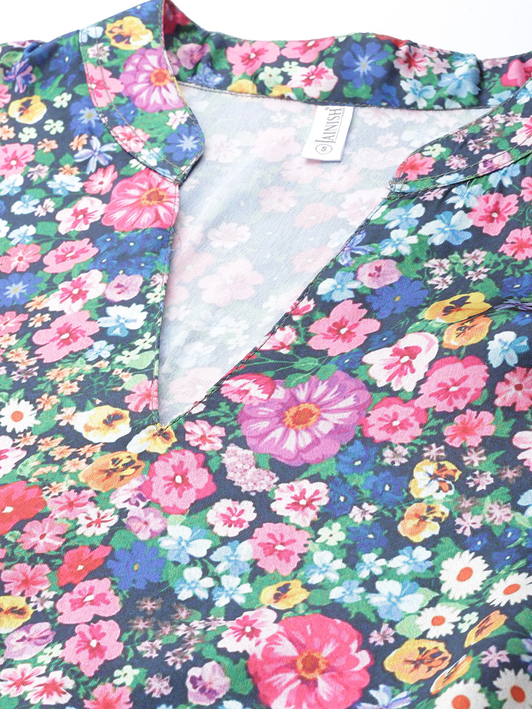 Jainish Women's Blue & Pink Floral Printed Puff Sleeves Tiered Satin Dress | Grocsy