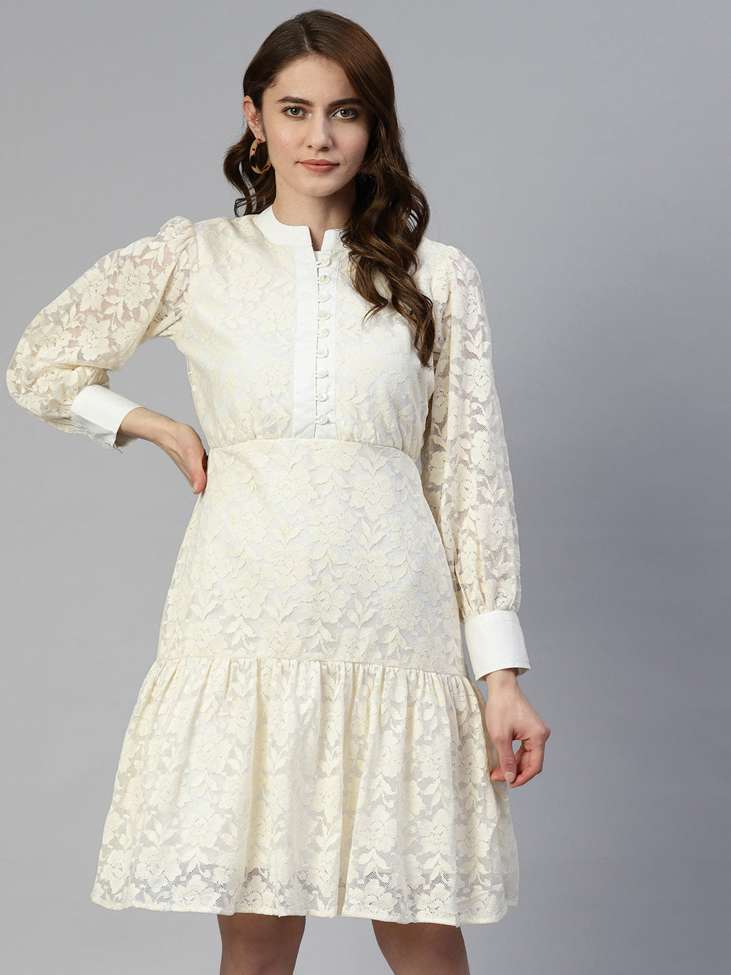 Jainish Women's Cream Net Tiered Dress | Grocsy