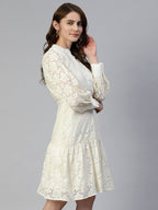 Jainish Women's Cream Net Tiered Dress | Grocsy