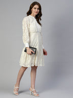 Jainish Women's Cream Net Tiered Dress | Grocsy