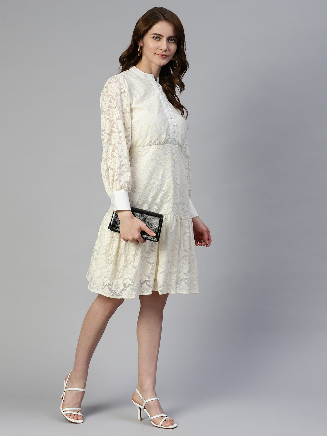 Jainish Women's Cream Net Tiered Dress | Grocsy