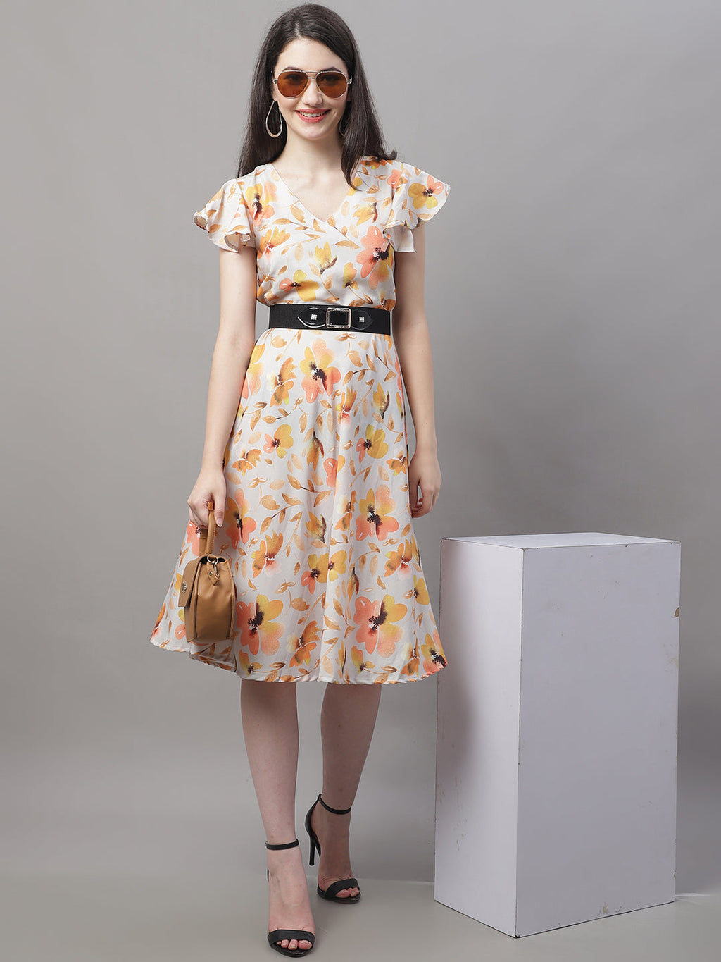 Jainish Women's Orange Printed A-Line Dresses With Belt | Grocsy