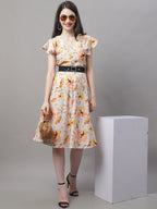 Jainish Women's Orange Printed A-Line Dresses With Belt | Grocsy