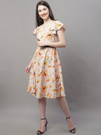 Jainish Women's Orange Printed A-Line Dresses With Belt | Grocsy