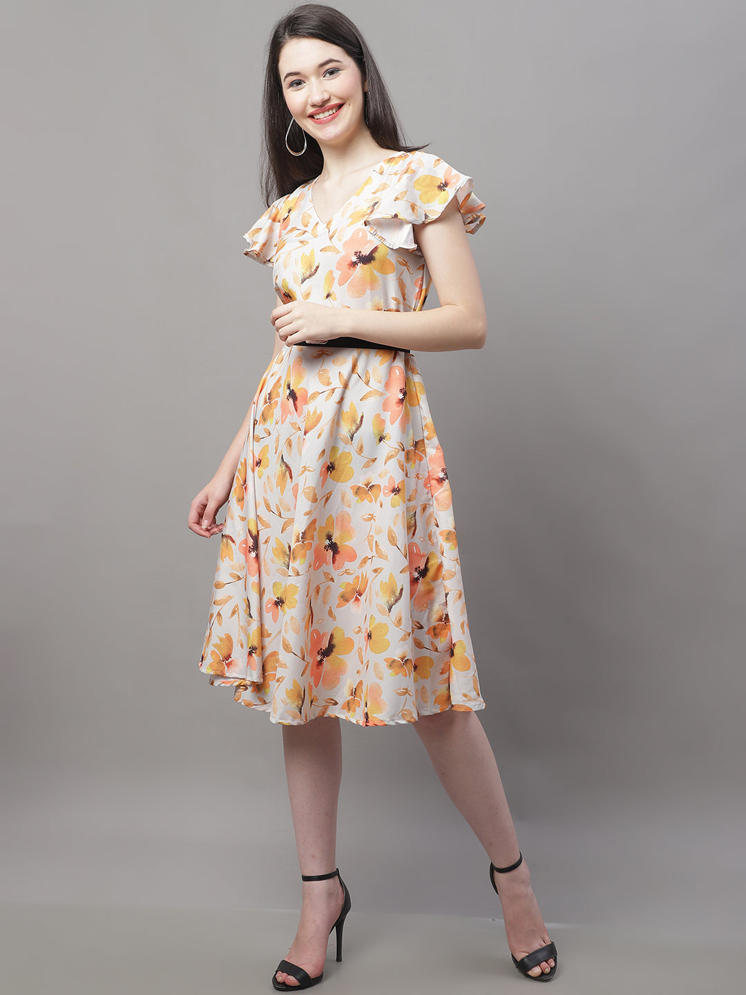 Jainish Women's Orange Printed A-Line Dresses With Belt | Grocsy